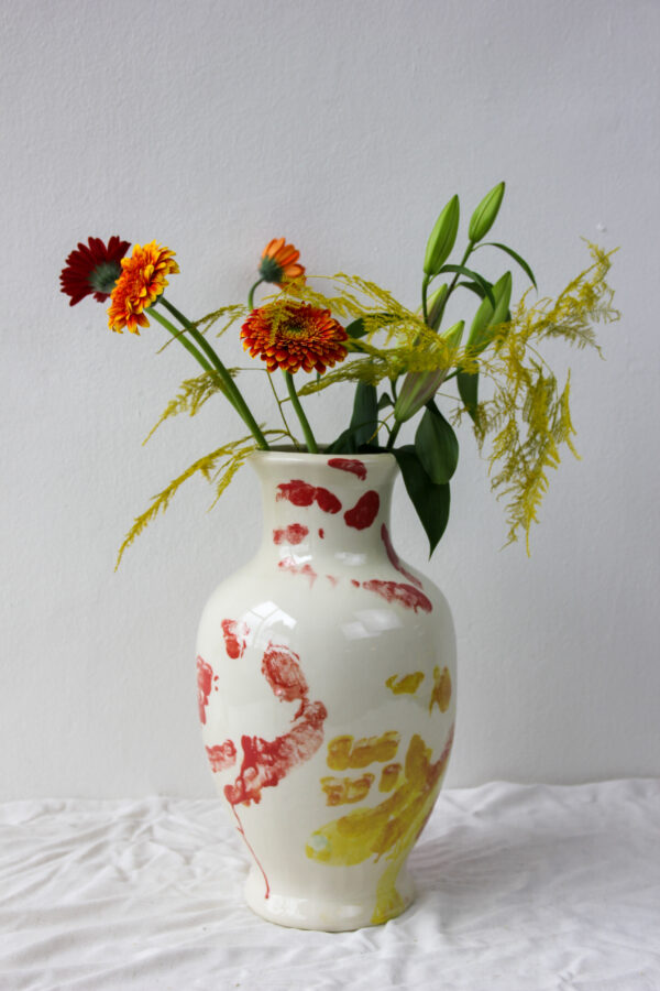 Hands on vase, sparkling decor using both hands handmade in stone ware